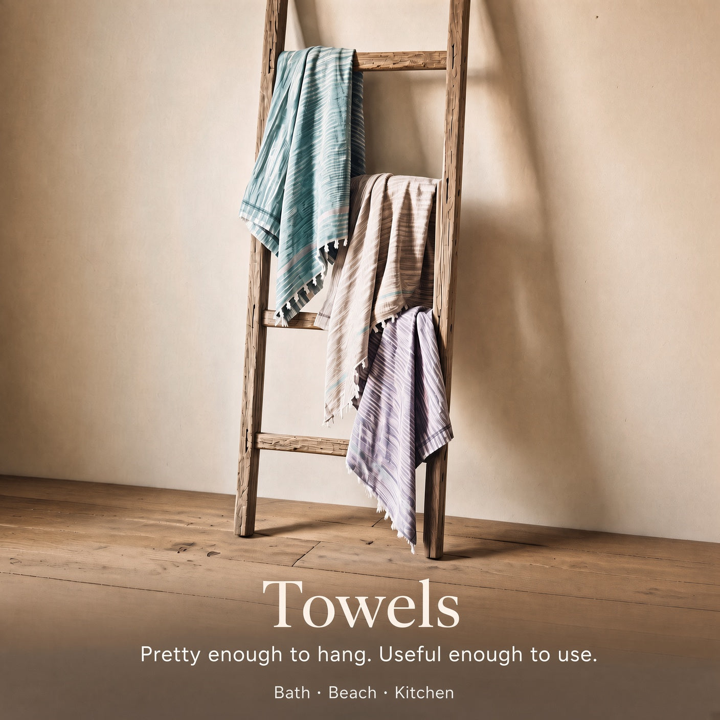 Three textured cotton towels in teal, beige, and lavender striped patterns are draped over a rustic wooden ladder in a warm, minimalist room with a stucco wall and wooden floor. Text overlay at the bottom reads 'Towels Pretty enough to hang.