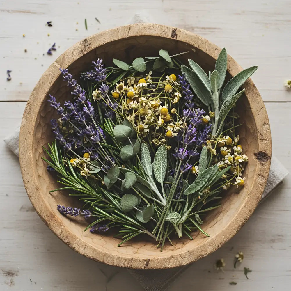 A rustic wooden bowl with dried lavender chamomile rosemary and sage for white birch flora wax melts clean birch wood scent