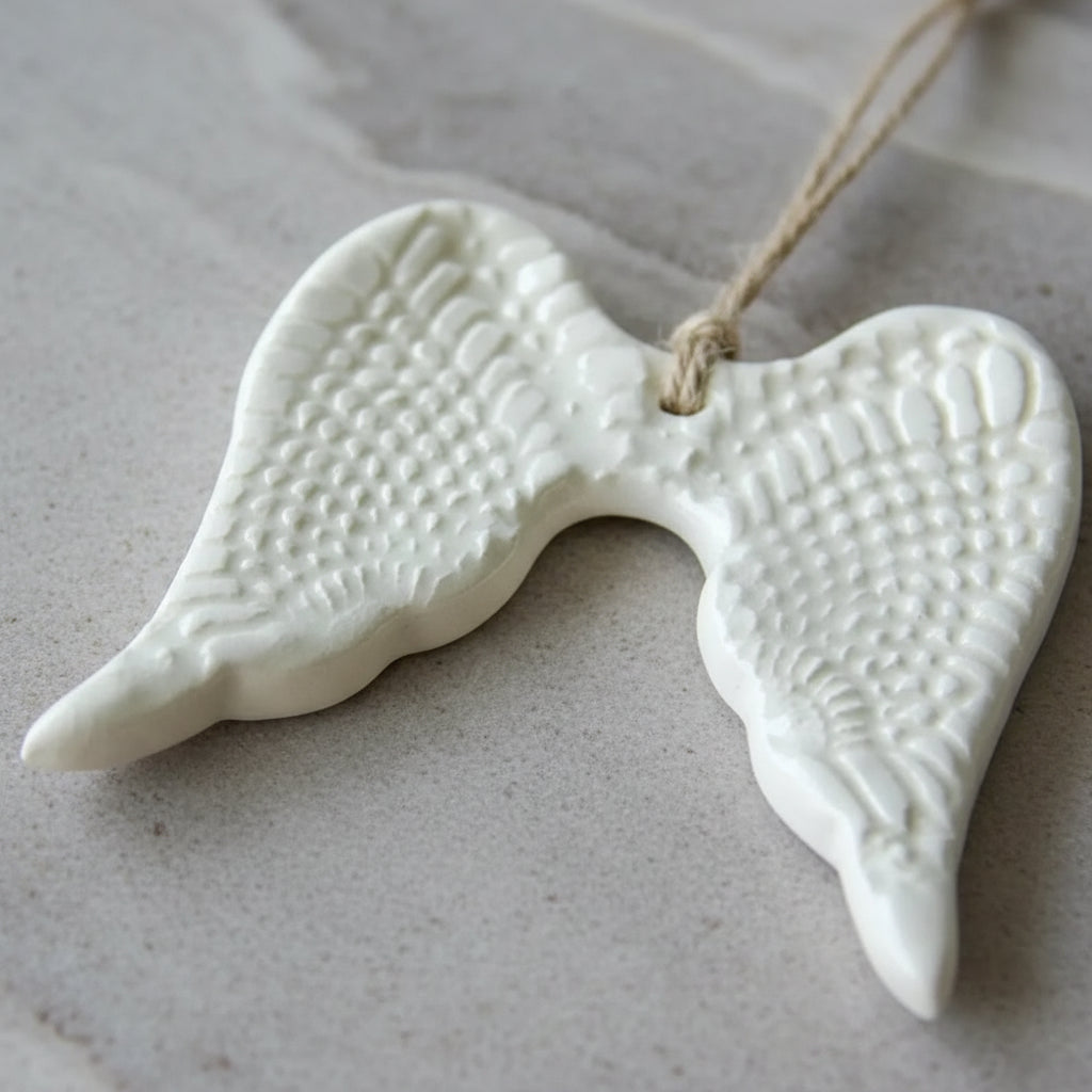 White ceramic angel wing ornament with textured feather design and twine hanger