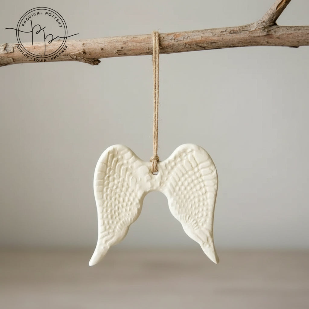 White ceramic angel wing ornament with twine hanger for year-round gifting