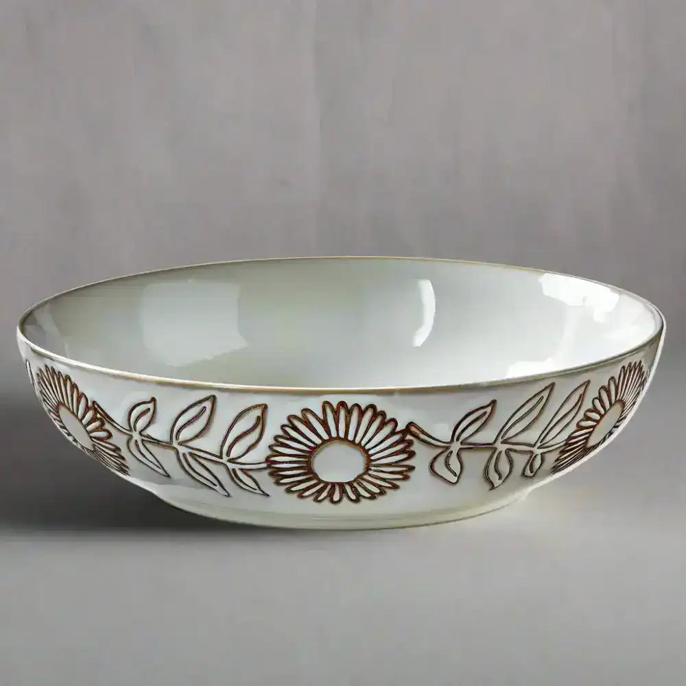 White hand painted ceramic reactive glaze serving bowl with brown floral design