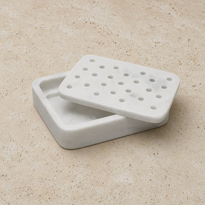White marble soap dish with a perforated lid perfect for a charming soap dish pedestal moment in your bathroom