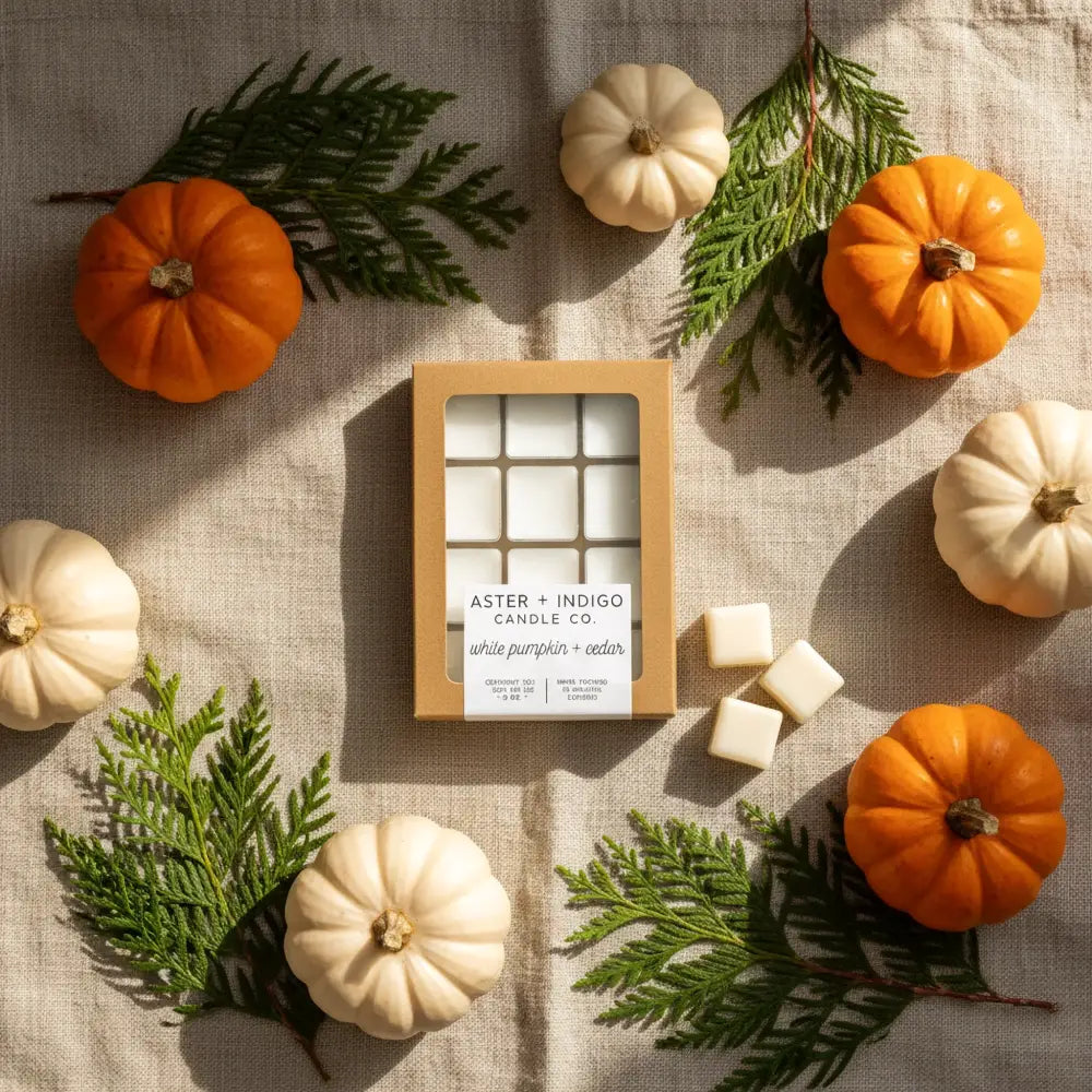 A box of white pumpkin and cedar coconut-soy wax melts from aster and indigo candle co with toasted hazelnut notes
