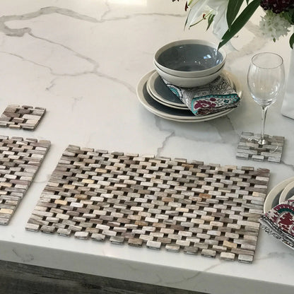 Woven wooden coasters and placemats with subtle two-tone pattern in whitewashed Rosewood set