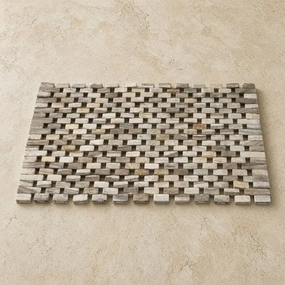 A whitewash rosewood placemat set of 2 made of sustainably harvested wood with weathered gray beige lattice design
