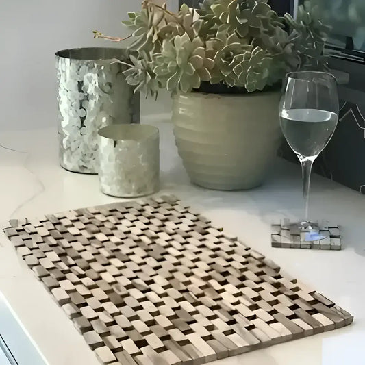 Woven wooden slat placemat in shades of brown and beige from the sustainably harvested Rosewood placemat set