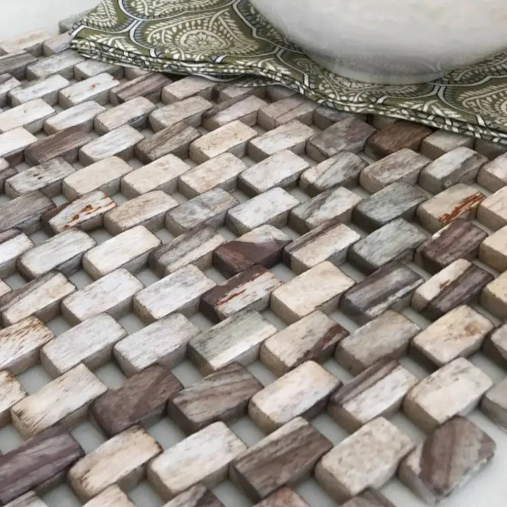 Flexible rustic wooden mat made of light-colored blocks for sustainably harvested rosewood placemat set