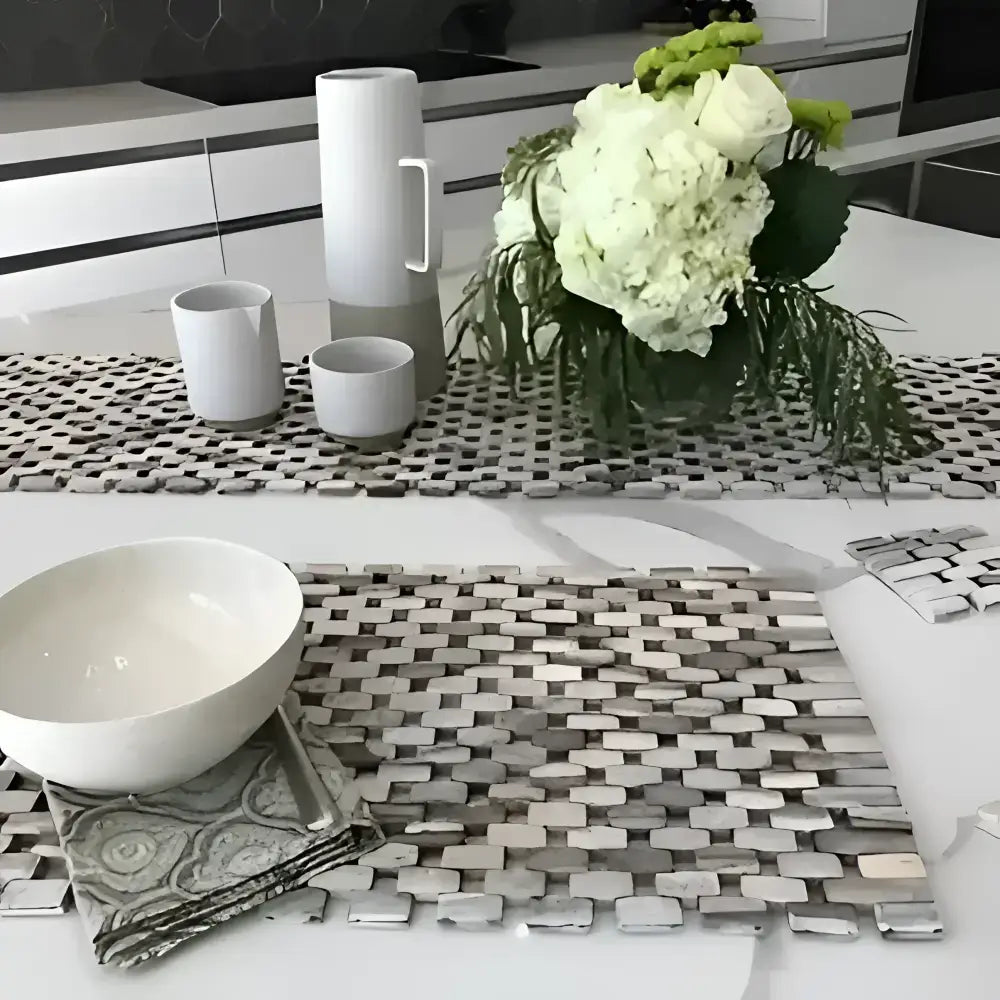 Modern kitchen table setting with whitewash rosewood table runner and floral centerpiece