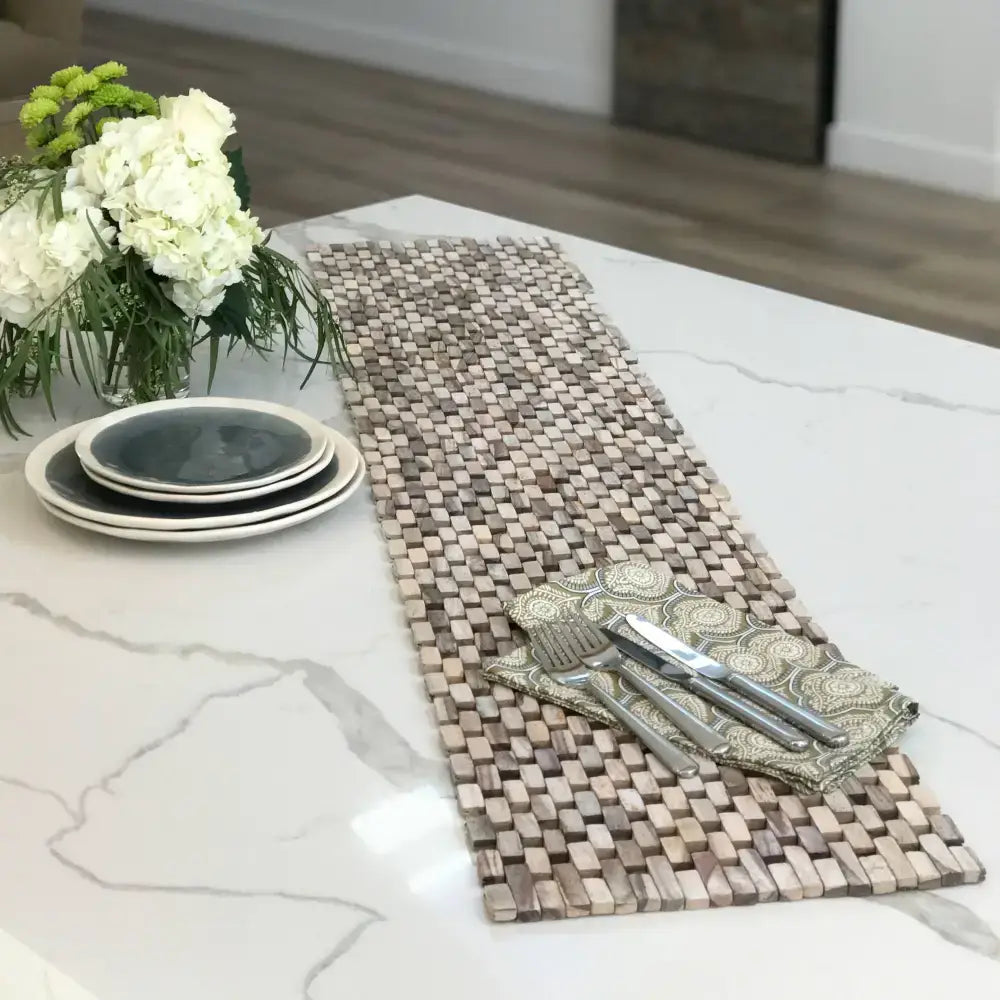 Whitewashed Rosewood table runner with recycled rosewood and small wooden blocks