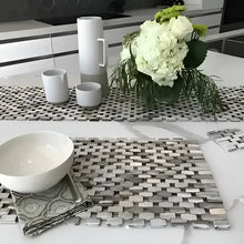 Modern kitchen table setting with whitewash rosewood table runner and floral centerpiece