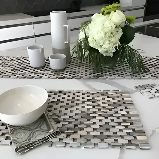 Modern kitchen table with recycled rosewood table runner, whitewash rosewood, and floral decor