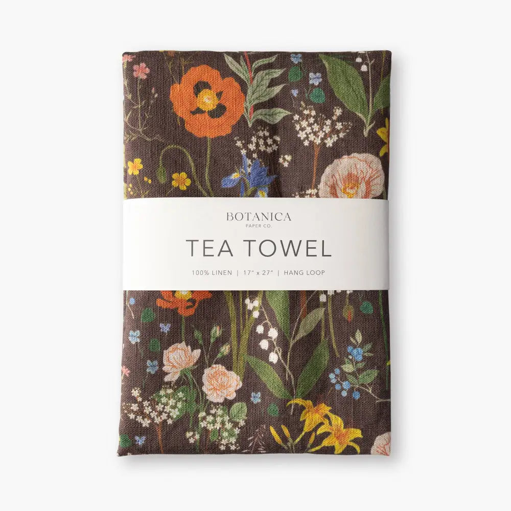 Wild Flowers 100% linen tea towel with orange poppies and yellow lilies
