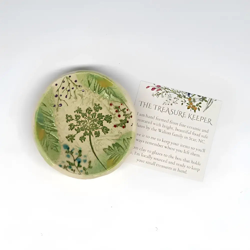 Handmade pottery trinket dish Wildflower Nest with green glaze botanicals