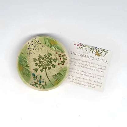 Handmade pottery trinket dish Wildflower Nest with green glaze botanicals