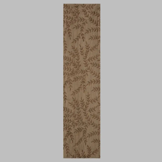 Beige table runner with chocolate brown woven leaf design.
