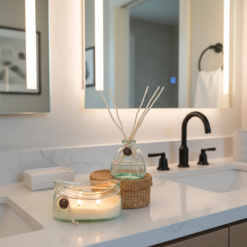 Handmade Windward reed diffuser with sea rose sea salt scent in translucent green glass