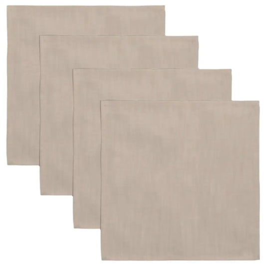 A set of four neutral colored cloth napkins.
