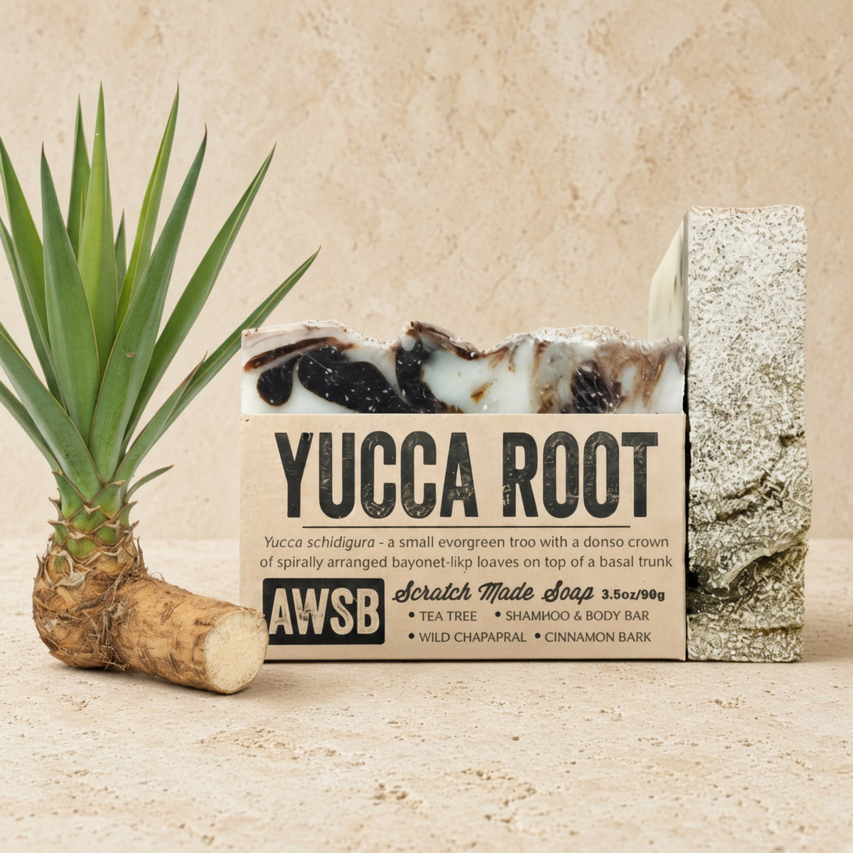 A rectangular bar of certified organic yucca root shampoo and body bar soap with tea tree oil and dark brown marbled surface