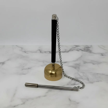 Black and gold zen bell pen stand with silver chain attachment and striker for resonant tone perfect use