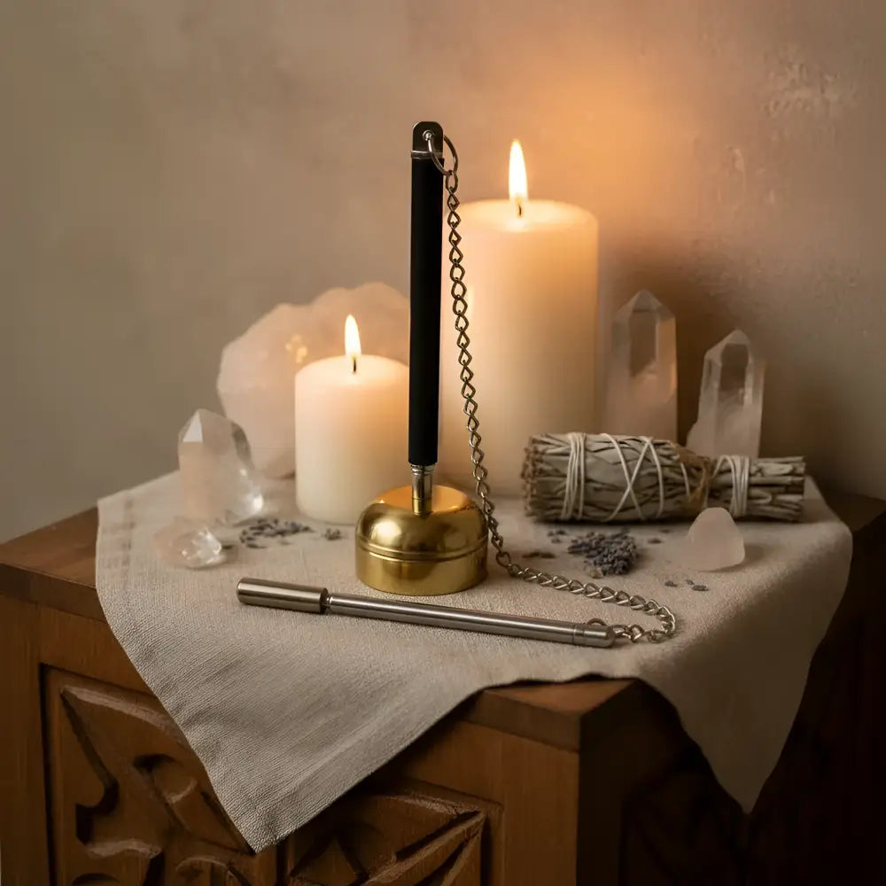 Gold-colored brass zen bell with black cylindrical top and attached chain for a resonant tone perfect use