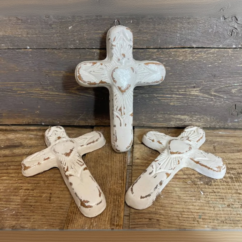 Rustic white distressed clay Zocalo cross, handmade 5x7.5in wall art