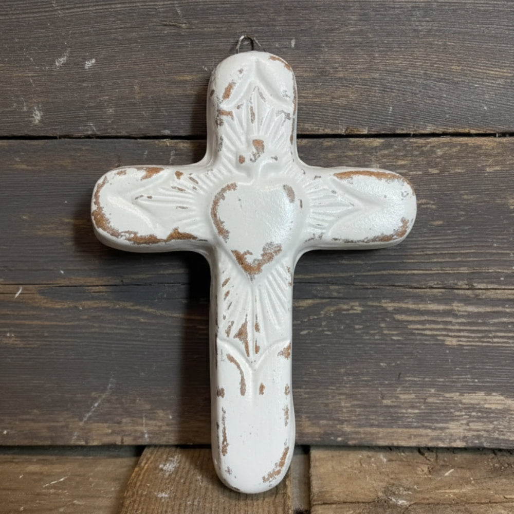 Handmade Zocalo clay cross in white distressed clay, 5x7.5 in