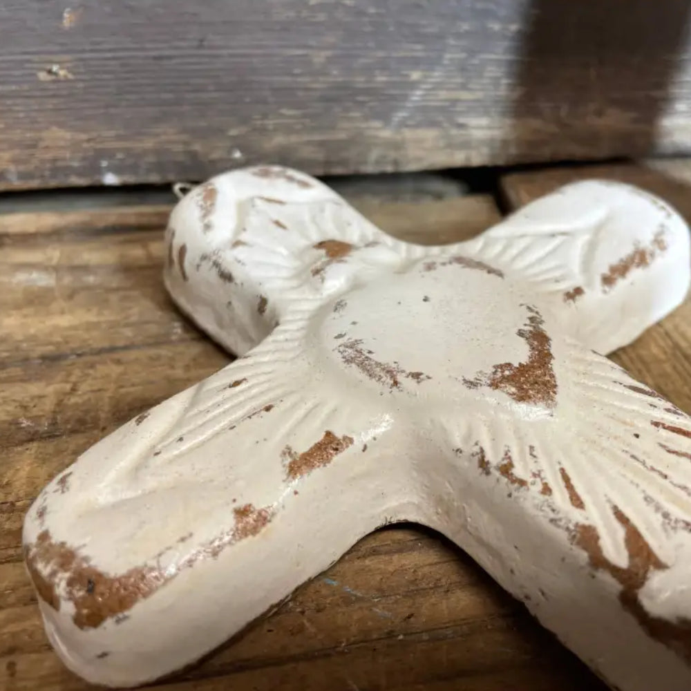 Handmade Zocalo clay cross, white ceramic with distressed texture, 5x7.5 in wall decor